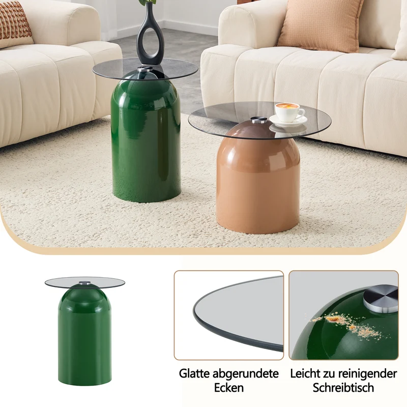 Ensemble de tables basses gigognes cloches Ø40/50cm en verre trempé teinté et acier brillant vert/café MINIMALISTCONSOLEART
