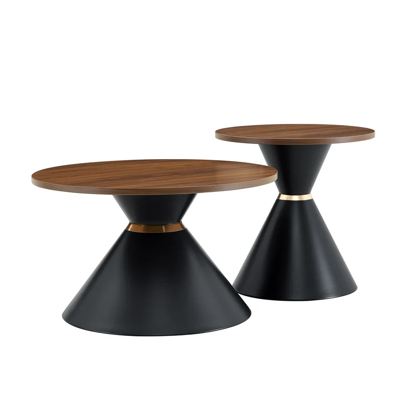 Ensemble de 2 tables basses rondes gigognes Ø70/50cm effet noyer & métal noir MINIMALISTNIGHTSTAND