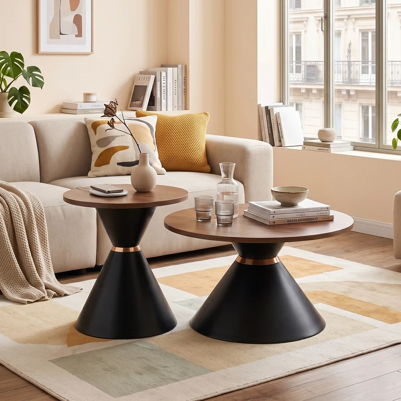 Ensemble de 2 tables basses rondes gigognes Ø70/50cm effet noyer & métal noir MINIMALISTNIGHTSTAND