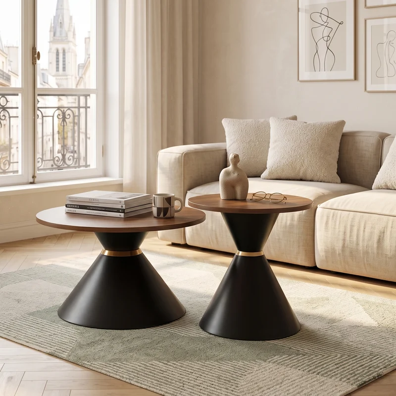 Ensemble de 2 tables basses rondes gigognes Ø70/50cm effet noyer & métal noir MINIMALISTNIGHTSTAND