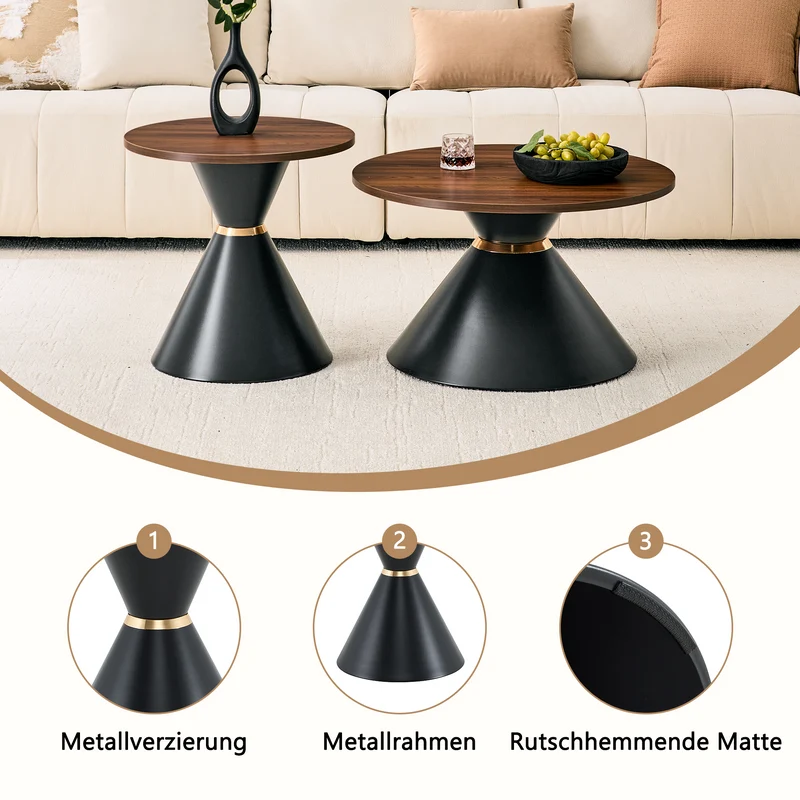 Ensemble de 2 tables basses rondes gigognes Ø70/50cm effet noyer & métal noir MINIMALISTNIGHTSTAND