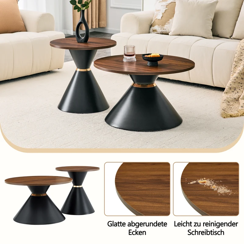 Ensemble de 2 tables basses rondes gigognes Ø70/50cm effet noyer & métal noir MINIMALISTNIGHTSTAND