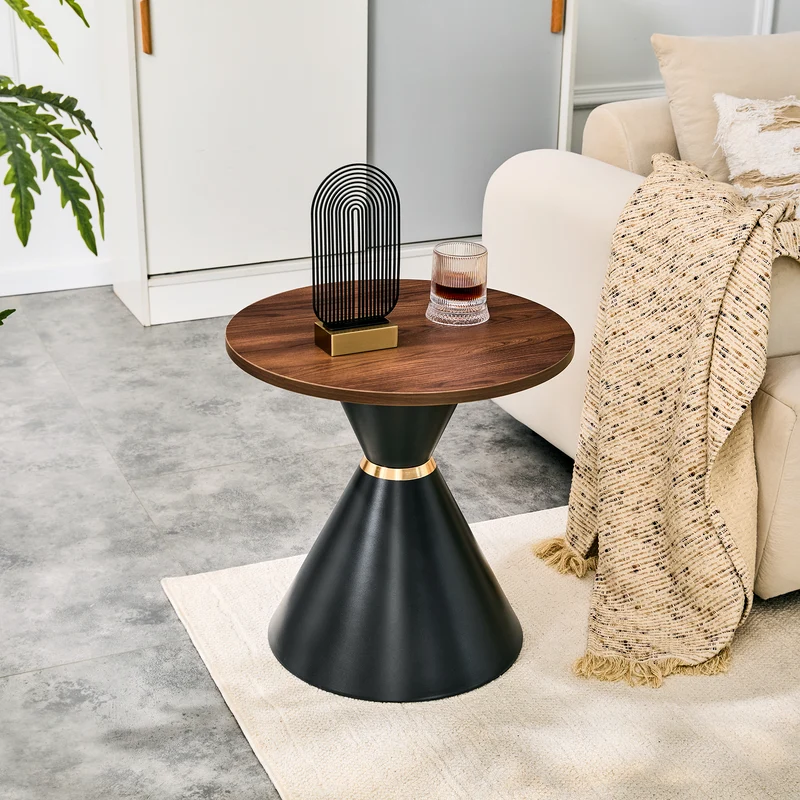 Ensemble de 2 tables basses rondes gigognes Ø70/50cm effet noyer & métal noir MINIMALISTNIGHTSTAND