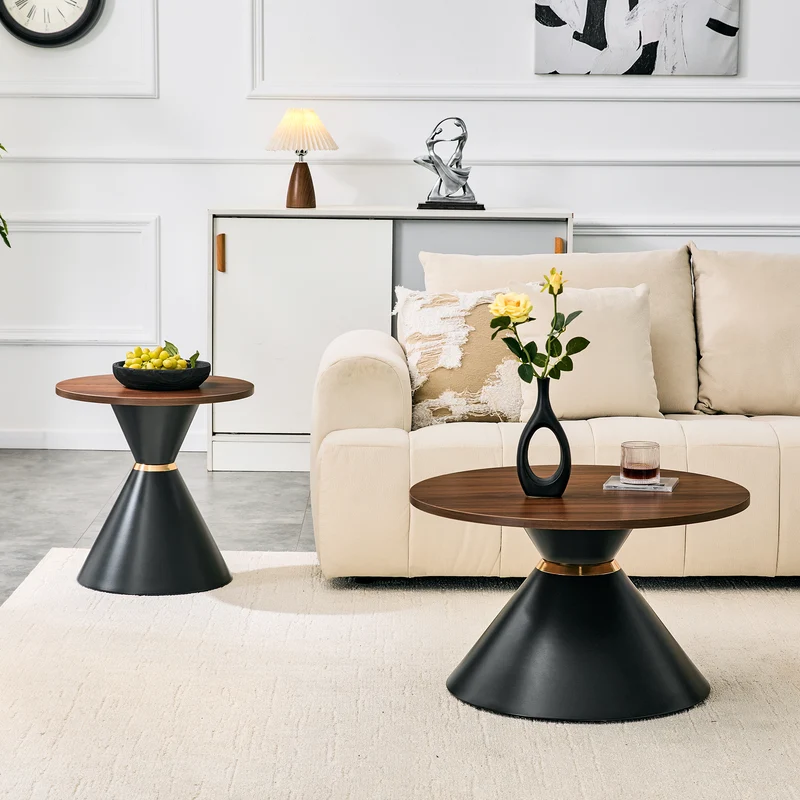 Ensemble de 2 tables basses rondes gigognes Ø70/50cm effet noyer & métal noir MINIMALISTNIGHTSTAND