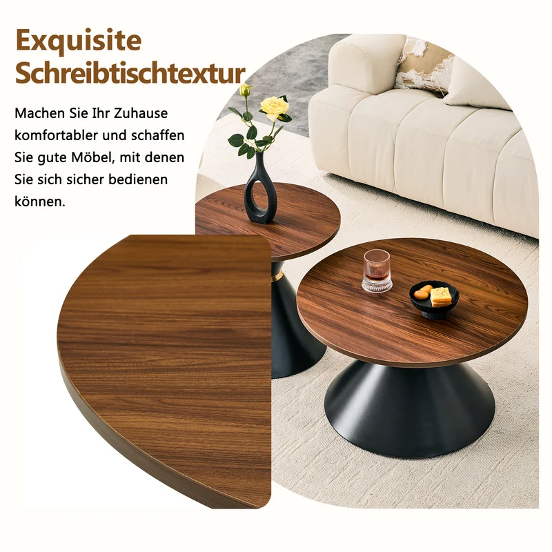 Ensemble de 2 tables basses rondes gigognes Ø70/50cm effet noyer & métal noir MINIMALISTNIGHTSTAND