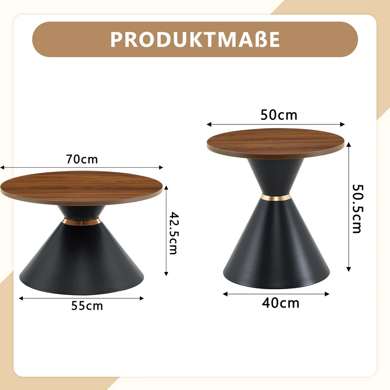 Ensemble de 2 tables basses rondes gigognes Ø70/50cm effet noyer & métal noir MINIMALISTNIGHTSTAND
