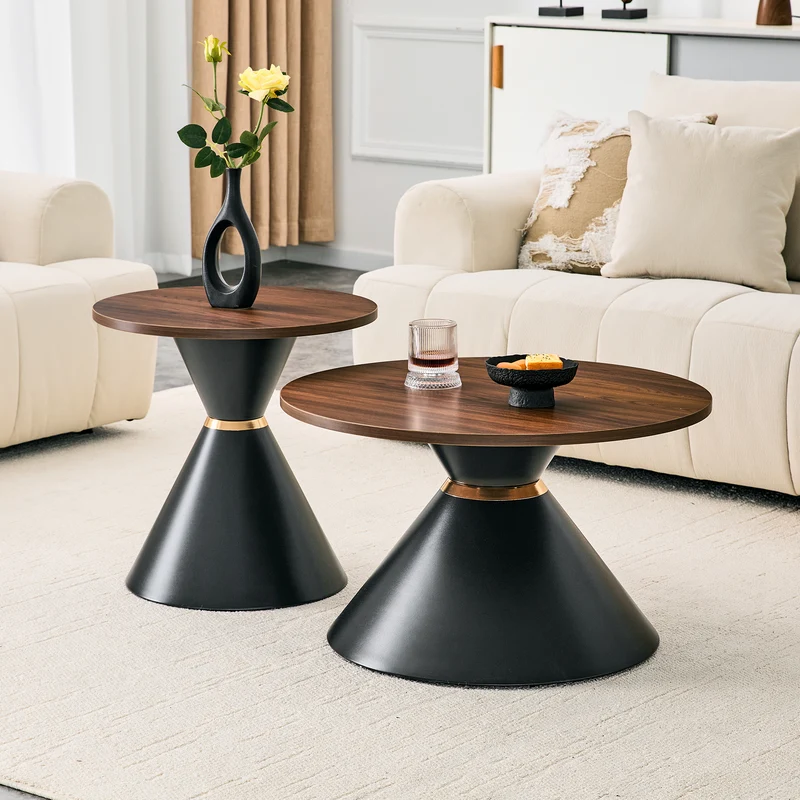 Ensemble de 2 tables basses rondes gigognes Ø70/50cm effet noyer & métal noir MINIMALISTNIGHTSTAND