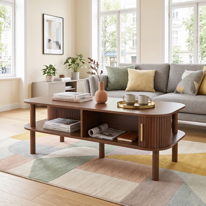 Table basse effet bois noyer avec rangement ouvert 2 portes coulissantes détails dorés 110x55x45 cm ITALIAN DIVIDER