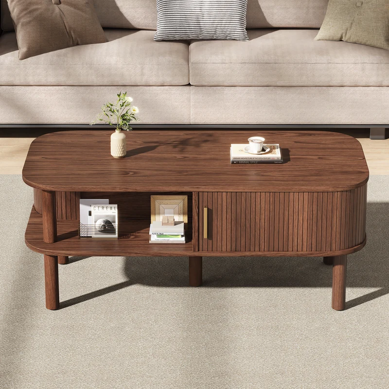 Table basse effet bois noyer avec rangement ouvert 2 portes coulissantes détails dorés 110x55x45 cm ITALIAN DIVIDER