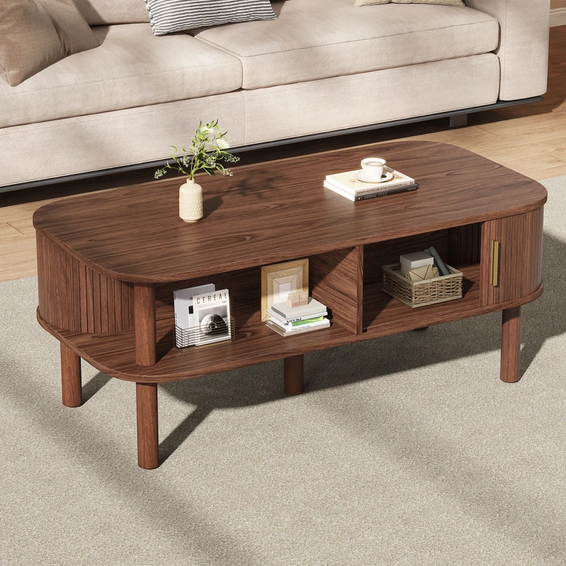 Table basse effet bois noyer avec rangement ouvert 2 portes coulissantes détails dorés 110x55x45 cm ITALIAN DIVIDER