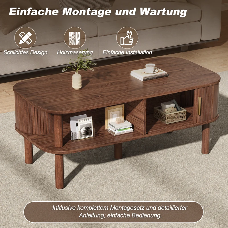 Table basse effet bois noyer avec rangement ouvert 2 portes coulissantes détails dorés 110x55x45 cm ITALIAN DIVIDER