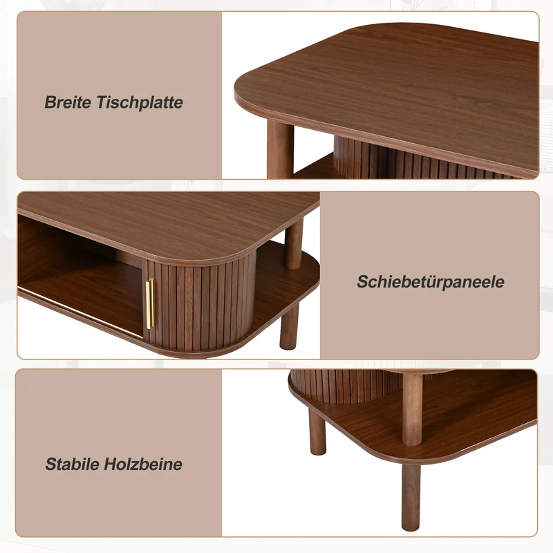 Table basse effet bois noyer avec rangement ouvert 2 portes coulissantes détails dorés 110x55x45 cm ITALIAN DIVIDER