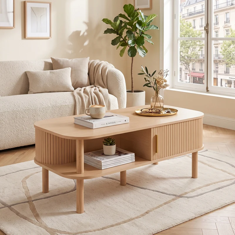 Table basse effet bois clair avec rangement ouvert 2 portes coulissantes, ornée de détails dorés 110x55x45 cm, ITALIAN CURTAIN