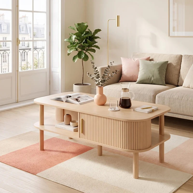 Table basse effet bois clair avec rangement ouvert 2 portes coulissantes, ornée de détails dorés 110x55x45 cm, ITALIAN CURTAIN