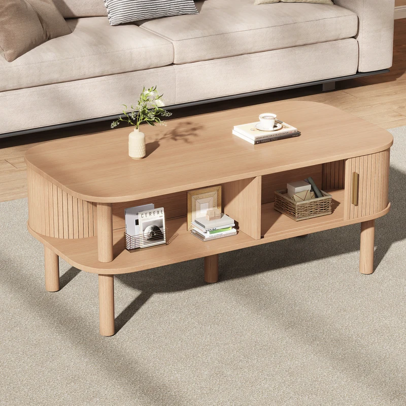 Table basse effet bois clair avec rangement ouvert 2 portes coulissantes, ornée de détails dorés 110x55x45 cm, ITALIAN CURTAIN
