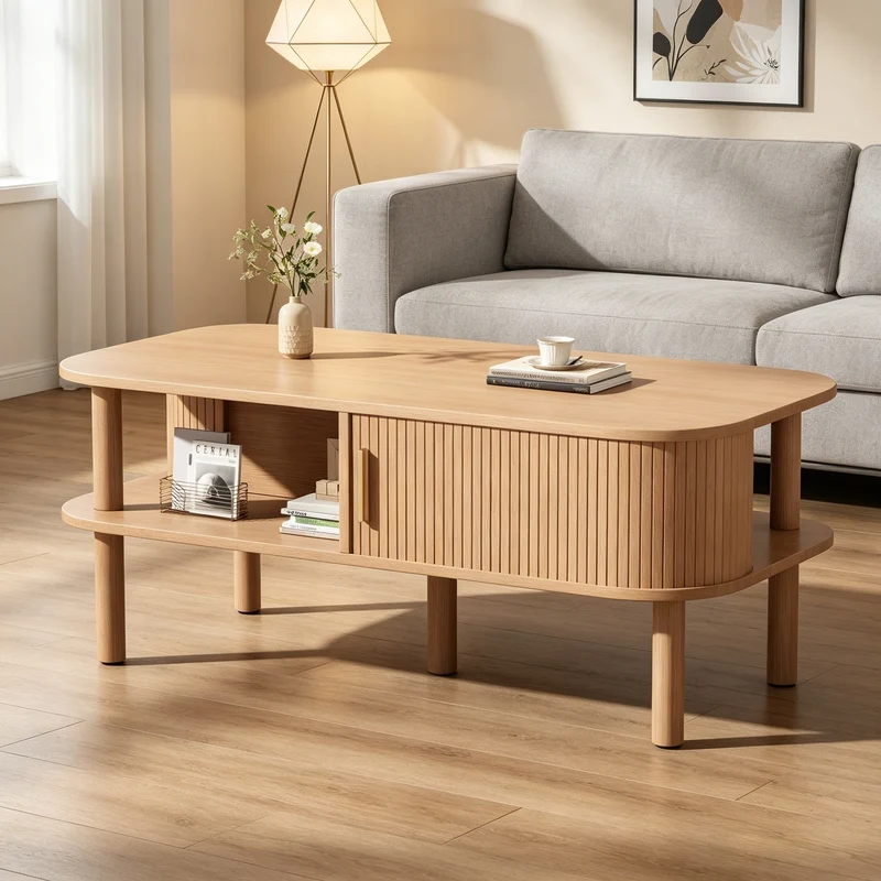 Table basse effet bois clair avec rangement ouvert 2 portes coulissantes, ornée de détails dorés 110x55x45 cm, ITALIAN CURTAIN