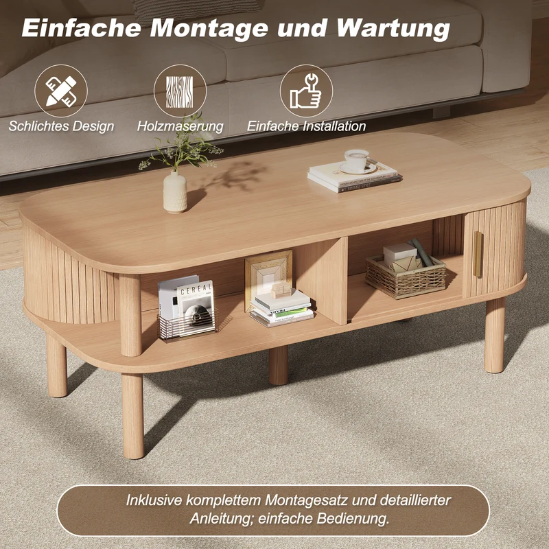 Table basse effet bois clair avec rangement ouvert 2 portes coulissantes, ornée de détails dorés 110x55x45 cm, ITALIAN CURTAIN