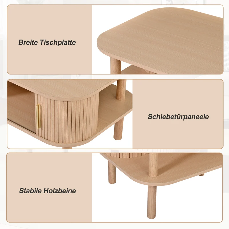 Table basse effet bois clair avec rangement ouvert 2 portes coulissantes, ornée de détails dorés 110x55x45 cm, ITALIAN CURTAIN