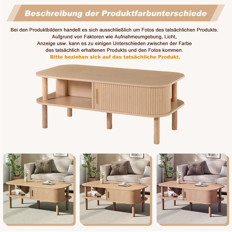 Table basse effet bois clair avec rangement ouvert 2 portes coulissantes, ornée de détails dorés 110x55x45 cm, ITALIAN CURTAIN