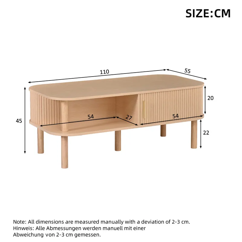 Table basse effet bois clair avec rangement ouvert 2 portes coulissantes, ornée de détails dorés 110x55x45 cm, ITALIAN CURTAIN