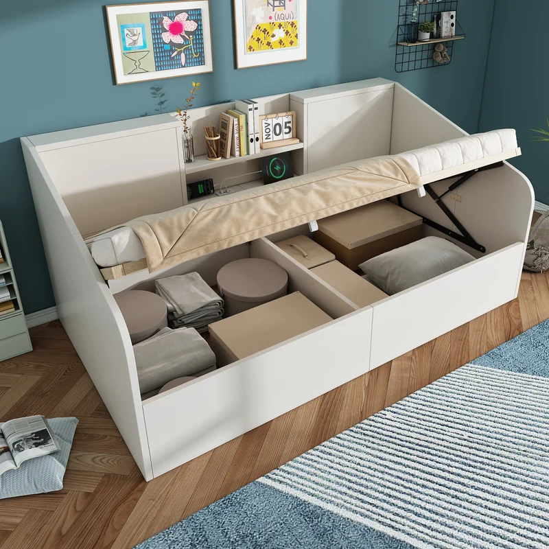 Lit banquette hydraulique 90x200 cm blanc bois avec rangements, étagères & station de charge USB/Type-C, sommier inclus, gain de place