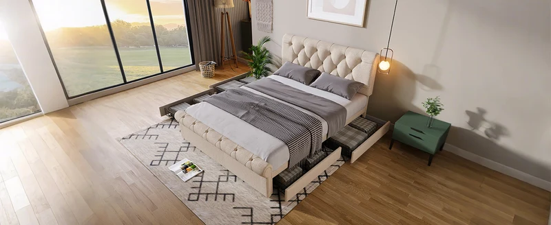 Lit double 140x200cm avec 4 tiroirs, tête de lit réglable, style Chesterfield, bois & métal, naturel