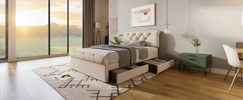 Lit double 140x200cm avec 4 tiroirs, tête de lit réglable, style Chesterfield, bois & métal, naturel