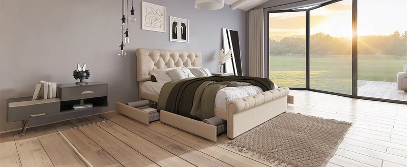 Lit double 140x200cm avec 4 tiroirs, tête de lit réglable, style Chesterfield, bois & métal, naturel