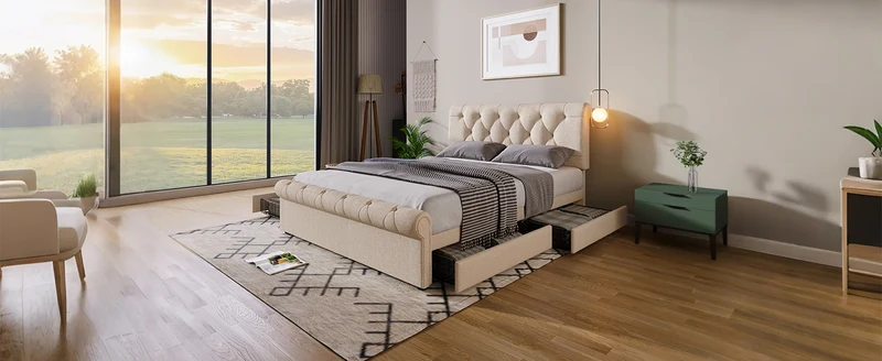 Lit double 140x200cm avec 4 tiroirs, tête de lit réglable, style Chesterfield, bois & métal, naturel