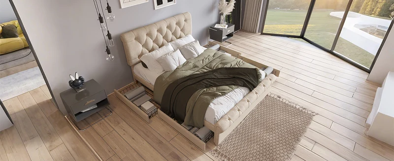 Lit double 140x200cm avec 4 tiroirs, tête de lit réglable, style Chesterfield, bois & métal, naturel