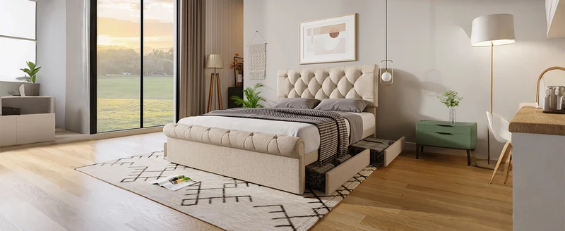 Lit double 140x200cm avec 4 tiroirs, tête de lit réglable, style Chesterfield, bois & métal, naturel