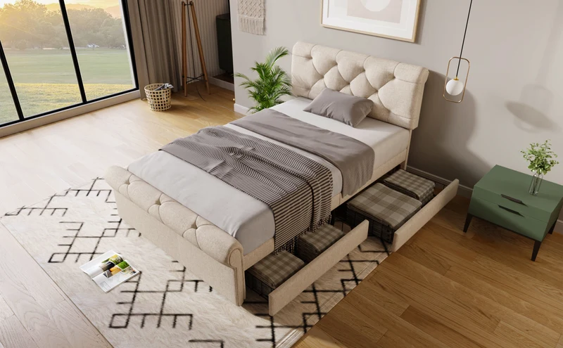 Lit double 140x200cm avec 4 tiroirs, tête de lit réglable, style Chesterfield, bois & métal, naturel