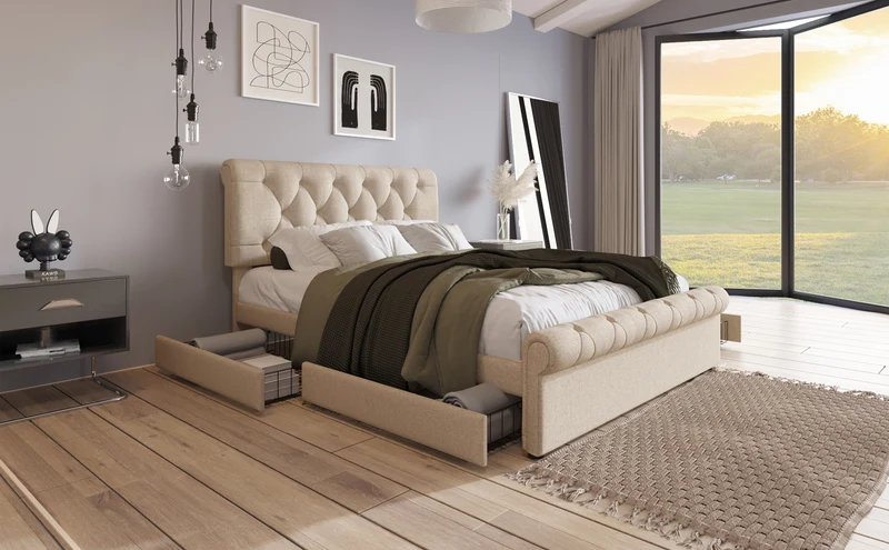 Lit double 140x200cm avec 4 tiroirs, tête de lit réglable, style Chesterfield, bois & métal, naturel