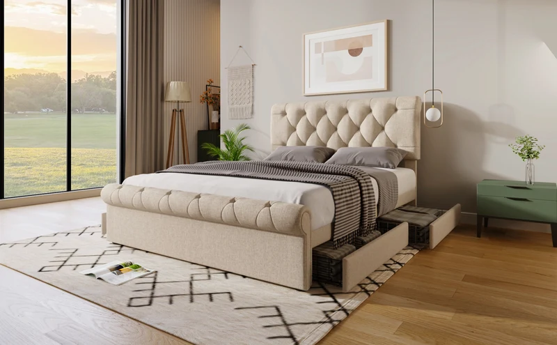 Lit double 140x200cm avec 4 tiroirs, tête de lit réglable, style Chesterfield, bois & métal, naturel