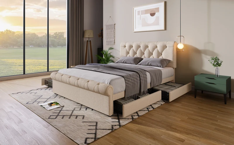 Lit double 140x200cm avec 4 tiroirs, tête de lit réglable, style Chesterfield, bois & métal, naturel