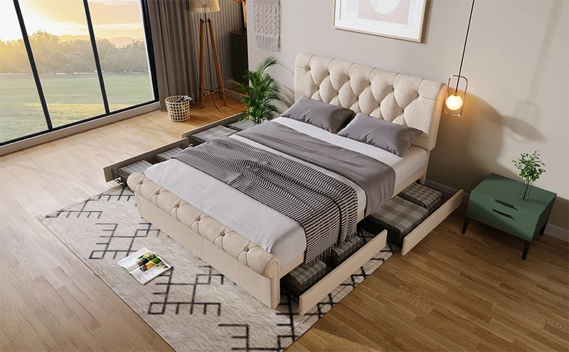 Lit double 140x200cm avec 4 tiroirs, tête de lit réglable, style Chesterfield, bois & métal, naturel