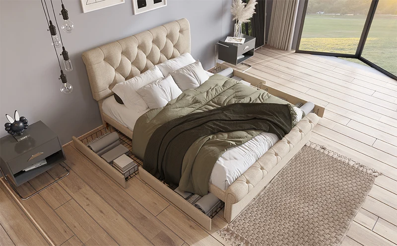 Lit double 140x200cm avec 4 tiroirs, tête de lit réglable, style Chesterfield, bois & métal, naturel