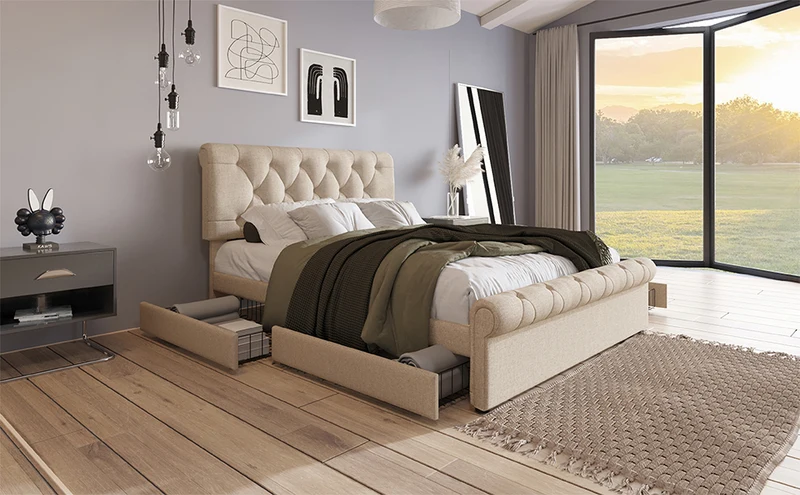 Lit double 140x200cm avec 4 tiroirs, tête de lit réglable, style Chesterfield, bois & métal, naturel
