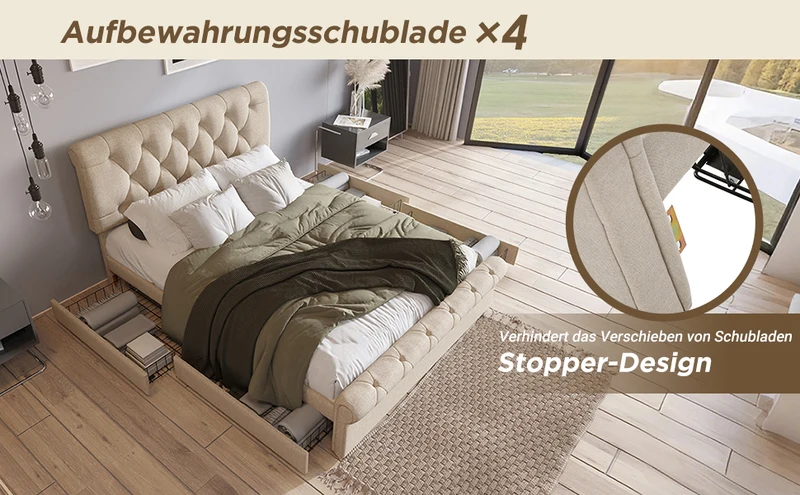 Lit double 140x200cm avec 4 tiroirs, tête de lit réglable, style Chesterfield, bois & métal, naturel