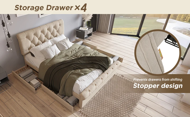 Lit double 140x200cm avec 4 tiroirs, tête de lit réglable, style Chesterfield, bois & métal, naturel