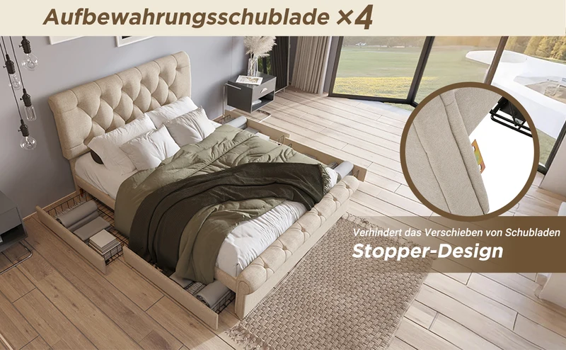 Lit double 140x200cm avec 4 tiroirs, tête de lit réglable, style Chesterfield, bois & métal, naturel