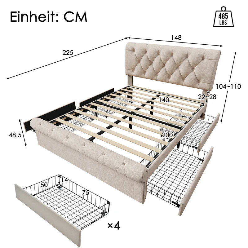 Lit double 140x200cm avec 4 tiroirs, tête de lit réglable, style Chesterfield, bois & métal, naturel