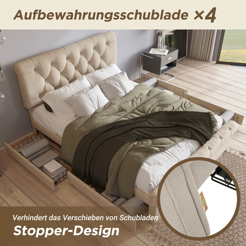 Lit double 140x200cm avec 4 tiroirs, tête de lit réglable, style Chesterfield, bois & métal, naturel