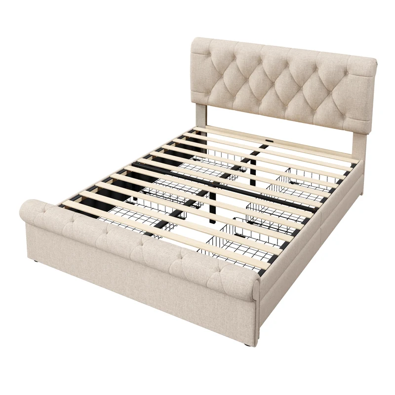 Lit double 140x200cm avec 4 tiroirs, tête de lit réglable, style Chesterfield, bois & métal, naturel