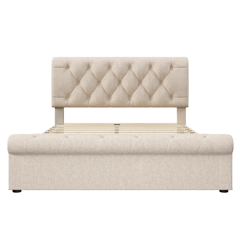 Lit double 140x200cm avec 4 tiroirs, tête de lit réglable, style Chesterfield, bois & métal, naturel