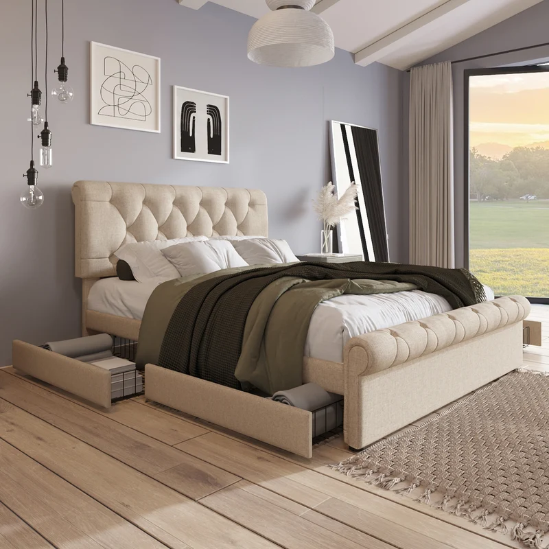 Lit double 140x200cm avec 4 tiroirs, tête de lit réglable, style Chesterfield, bois & métal, naturel