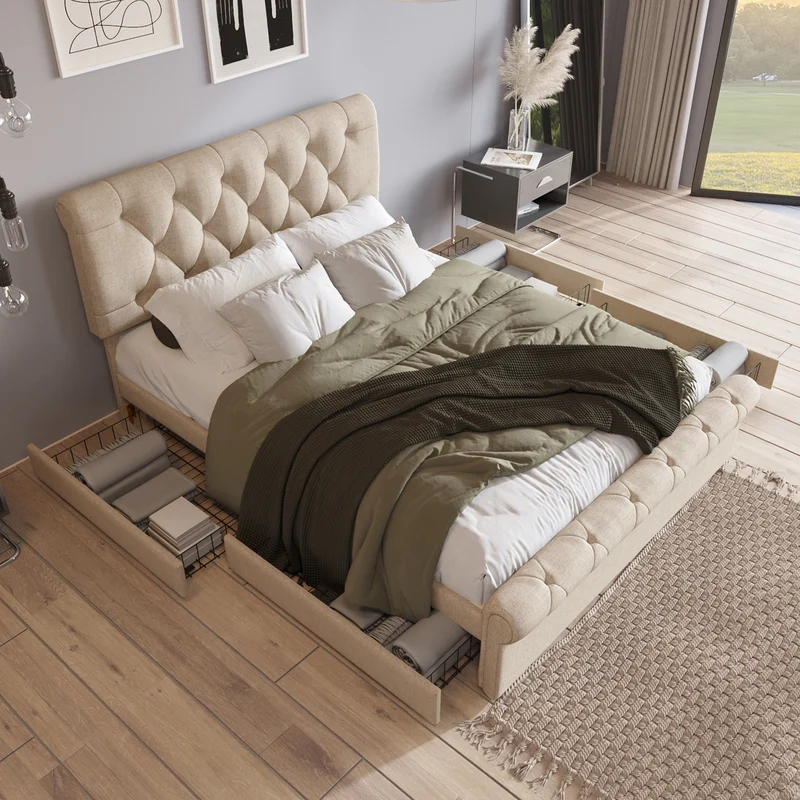 Lit double 140x200cm avec 4 tiroirs, tête de lit réglable, style Chesterfield, bois & métal, naturel