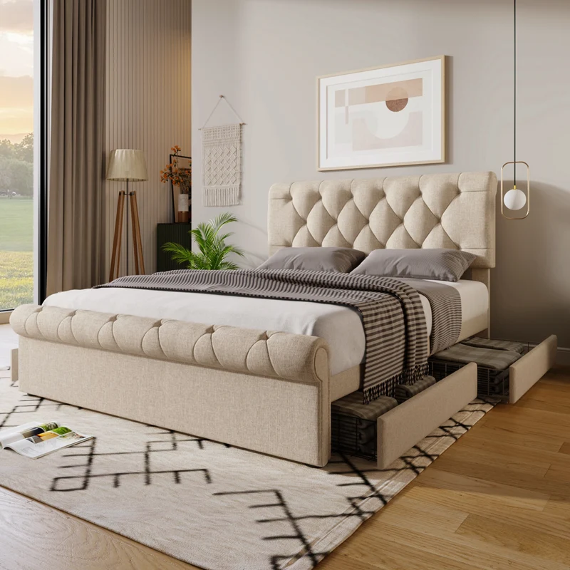 Lit double 140x200cm avec 4 tiroirs, tête de lit réglable, style Chesterfield, bois & métal, naturel