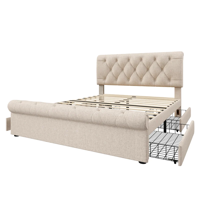 Lit double 140x200cm avec 4 tiroirs, tête de lit réglable, style Chesterfield, bois & métal, naturel