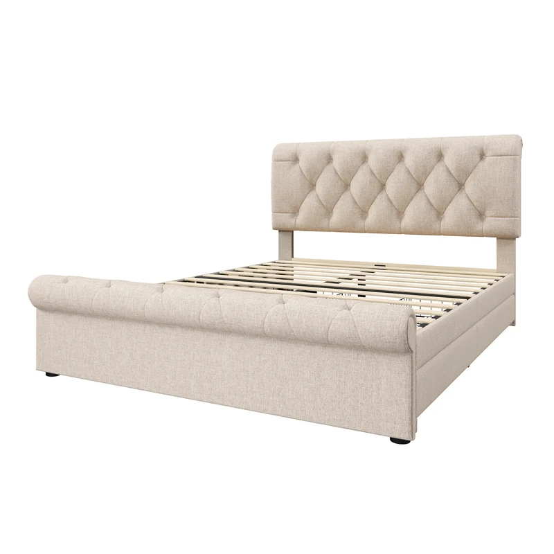 Lit double 140x200cm avec 4 tiroirs, tête de lit réglable, style Chesterfield, bois & métal, naturel